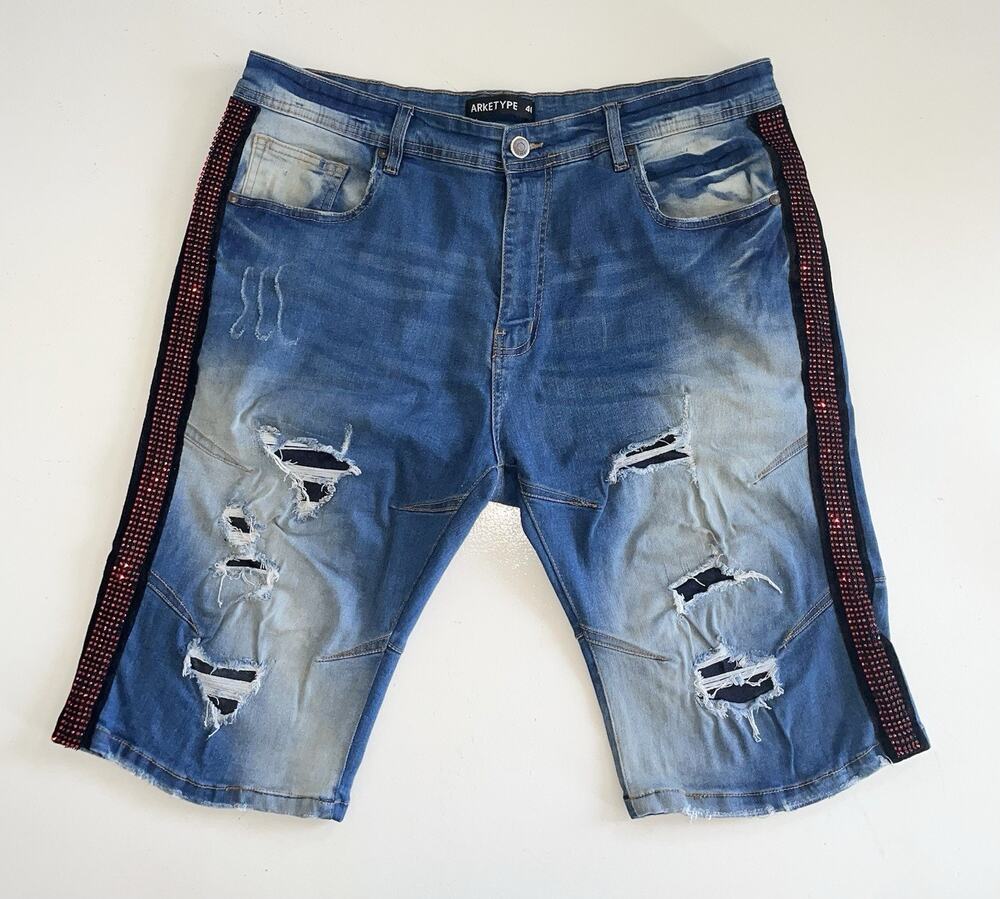 Men's Arketype Denim Shorts Size 40 Black Red Rhinestones Distressed 12" Inseam